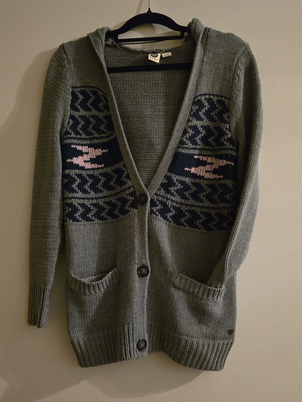 Roxy Hooded Cardigan Sweater in Gray with Navy and Pink Accents